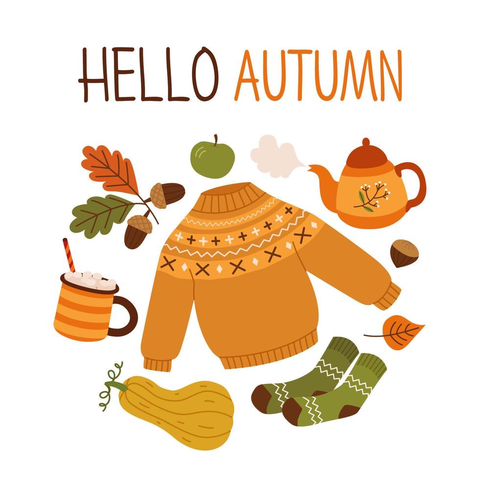 Autumn hand drawn vector illustrations. Cute and cozy design elements and the inscription Hello autumn isolated on white background.