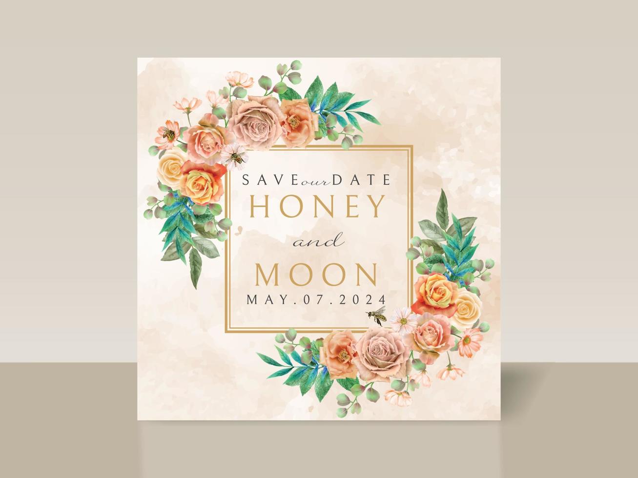 Beautiful floral and bees wedding invitation card vector
