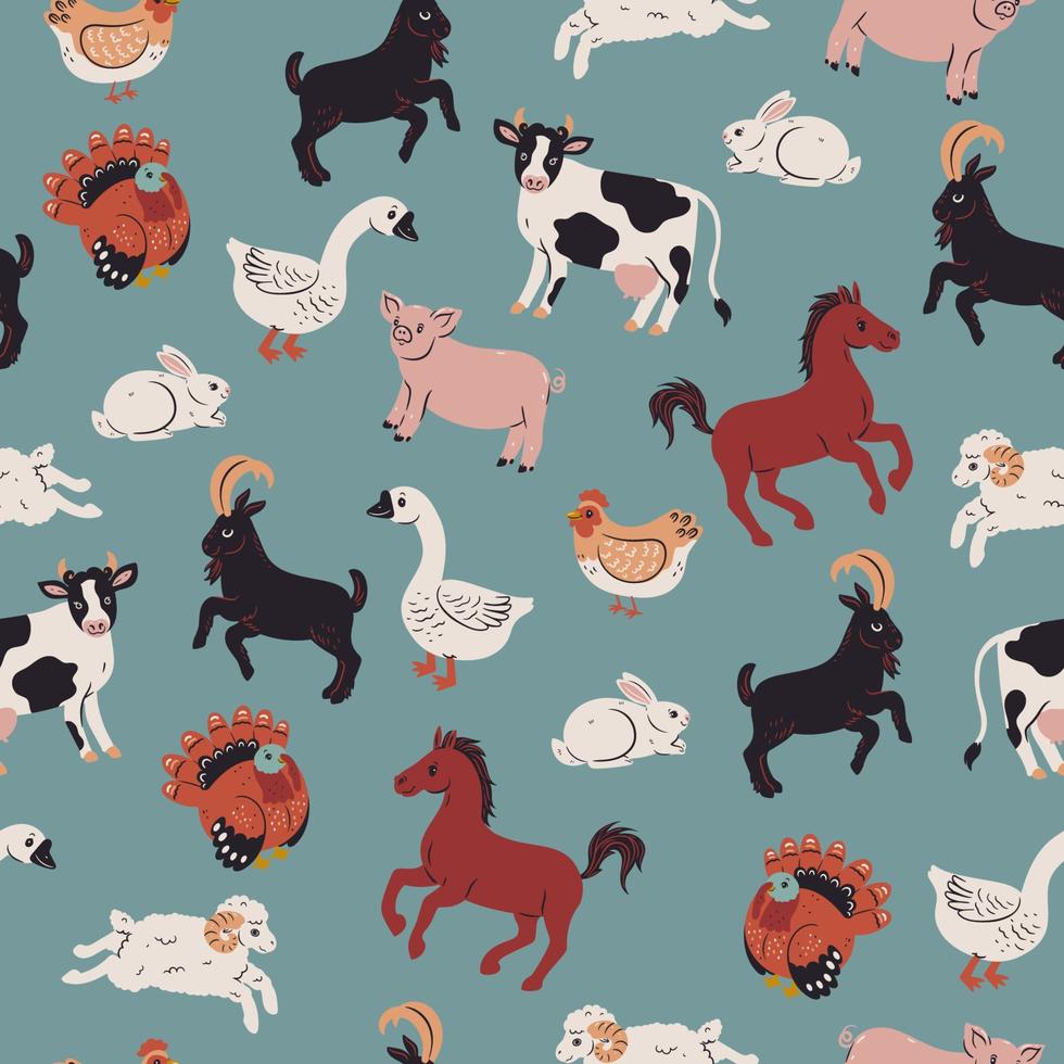 Cute farm animals seamless pattern. Vector graphics.