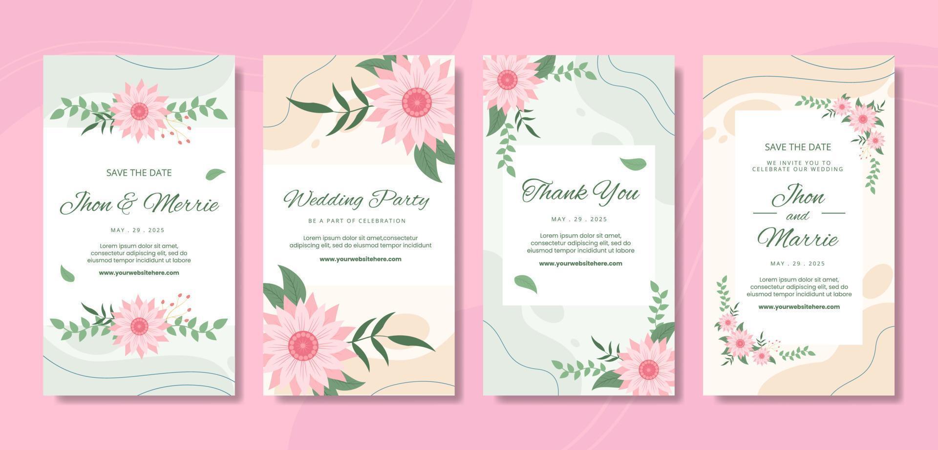 Floral Wedding Social Media Stories Template Flat Cartoon Background Vector Illustration