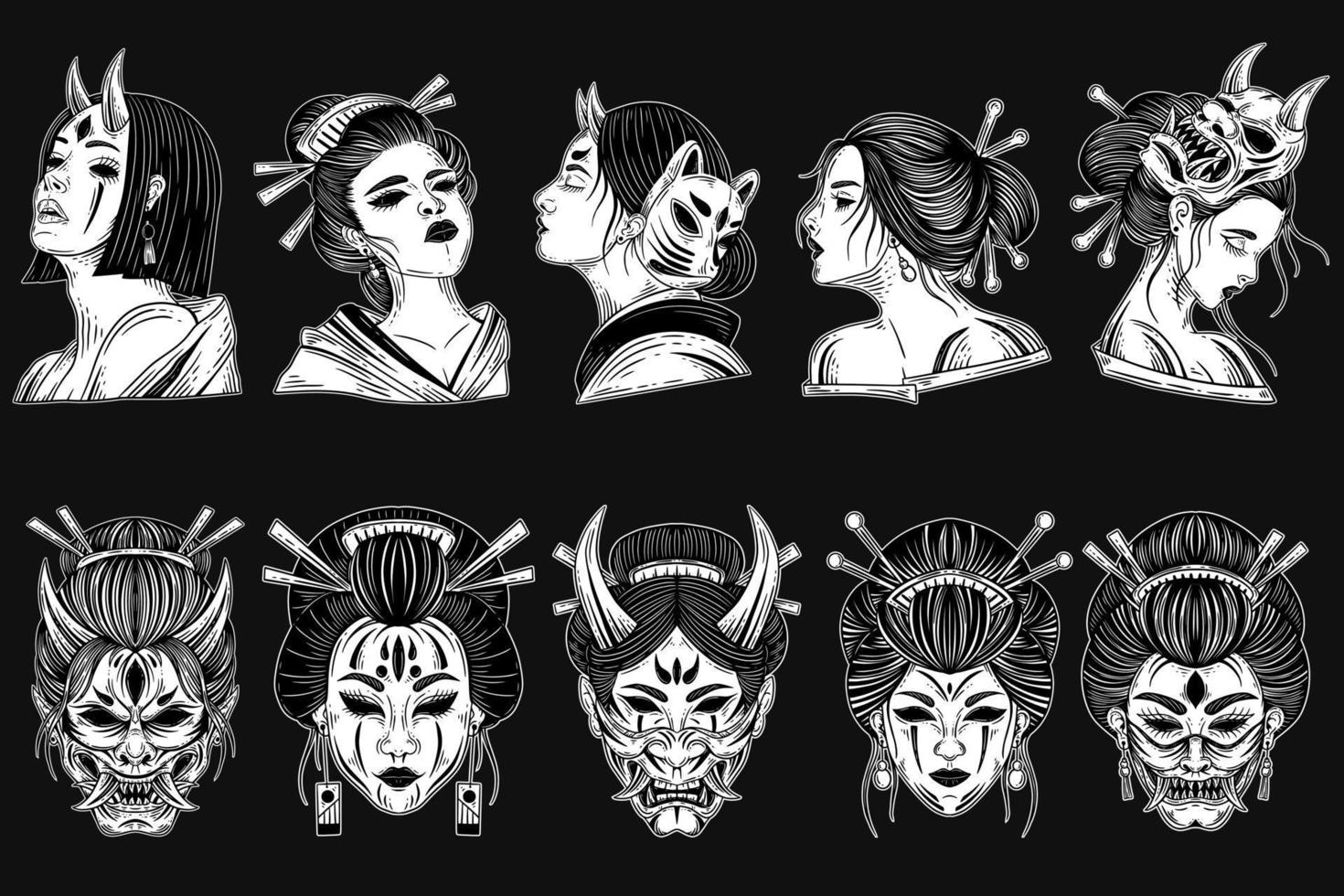 conjunto mega haz oscuro Arte horror japonés geisha niña y geisha máscara cara tatuaje mano dibujado grabado estilo vector