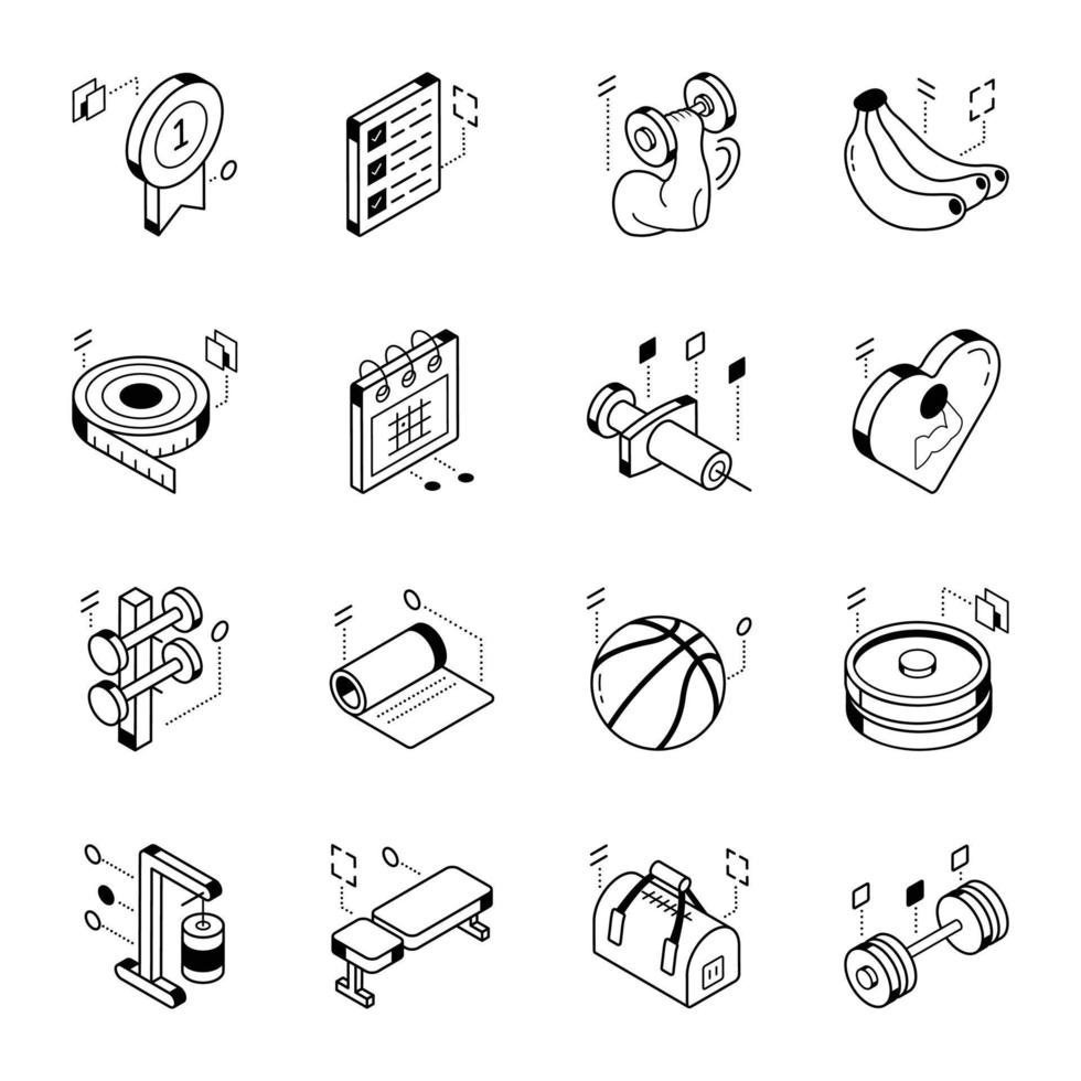 Set of Isometric Icons of Fitness and Gym vector