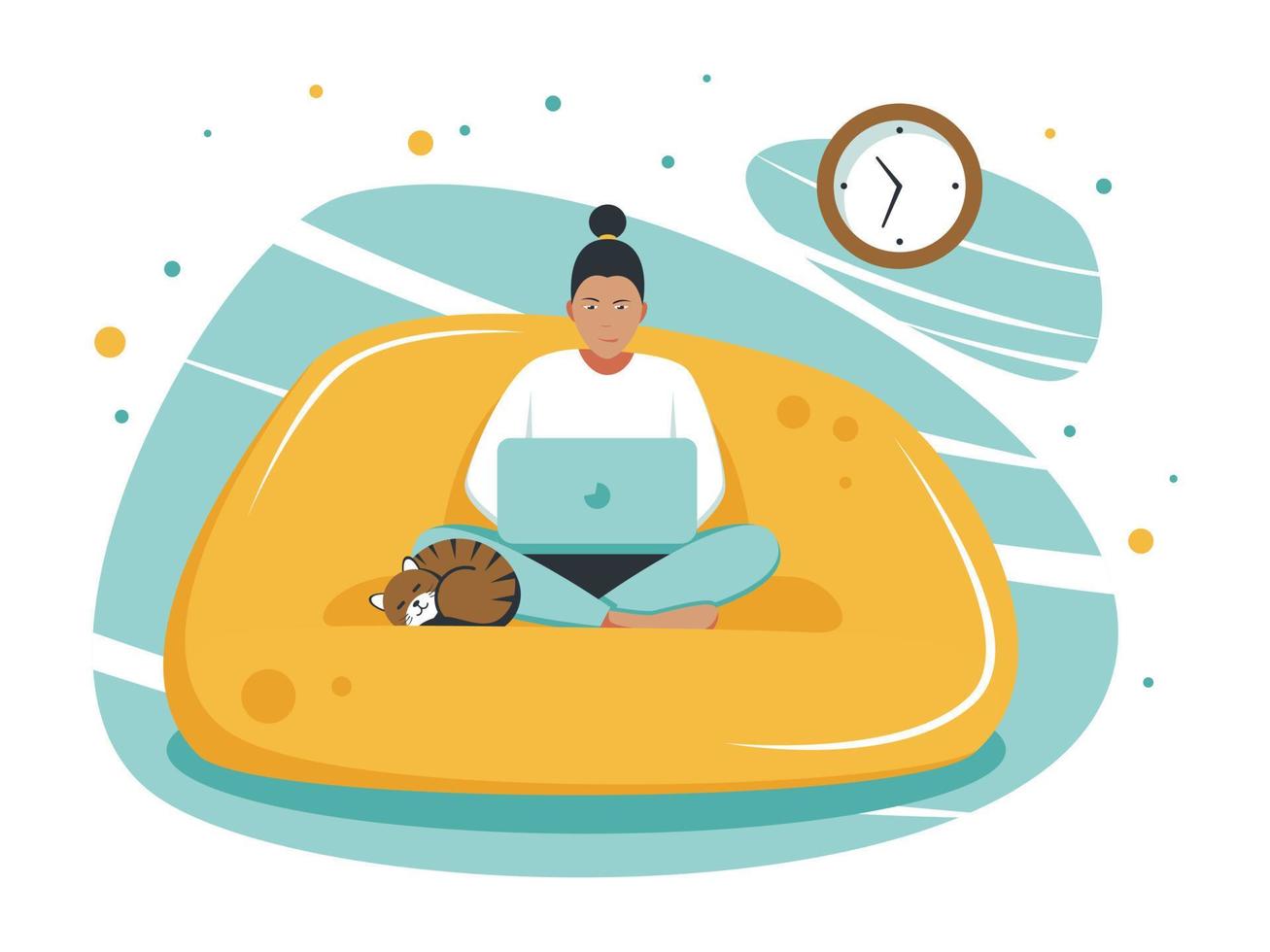 Woman freelancer works at home sitting on the couch vector