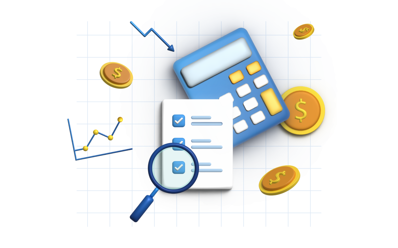 3d illustration av finansiell och betalning begrepp med kalkylator, pengar, mynt och kreditera kort. png