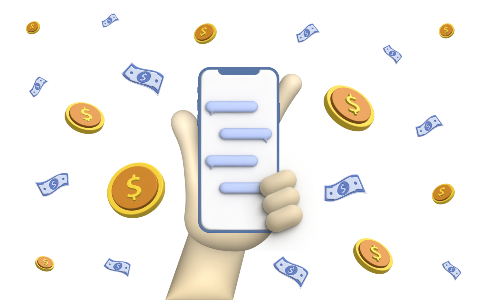 3D Illustration of financial and payment concept with smartphone, money, coin and credit card. png