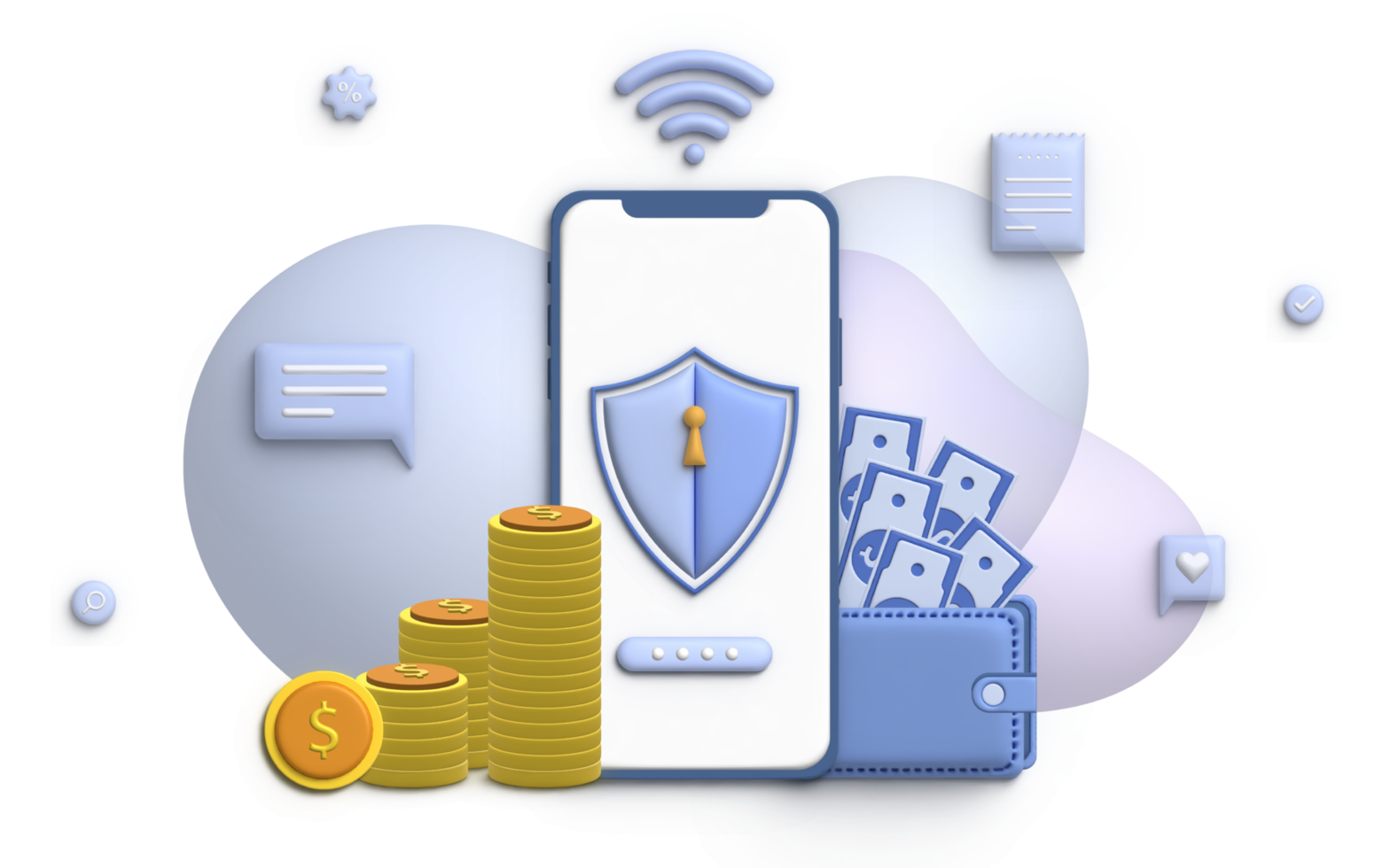 3D Illustration of financial and payment concept with smartphone, money, coin and credit card. png