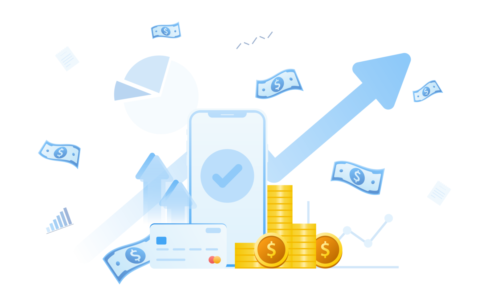 Financial and payment concept with smartphone, money, coin and credit card. png