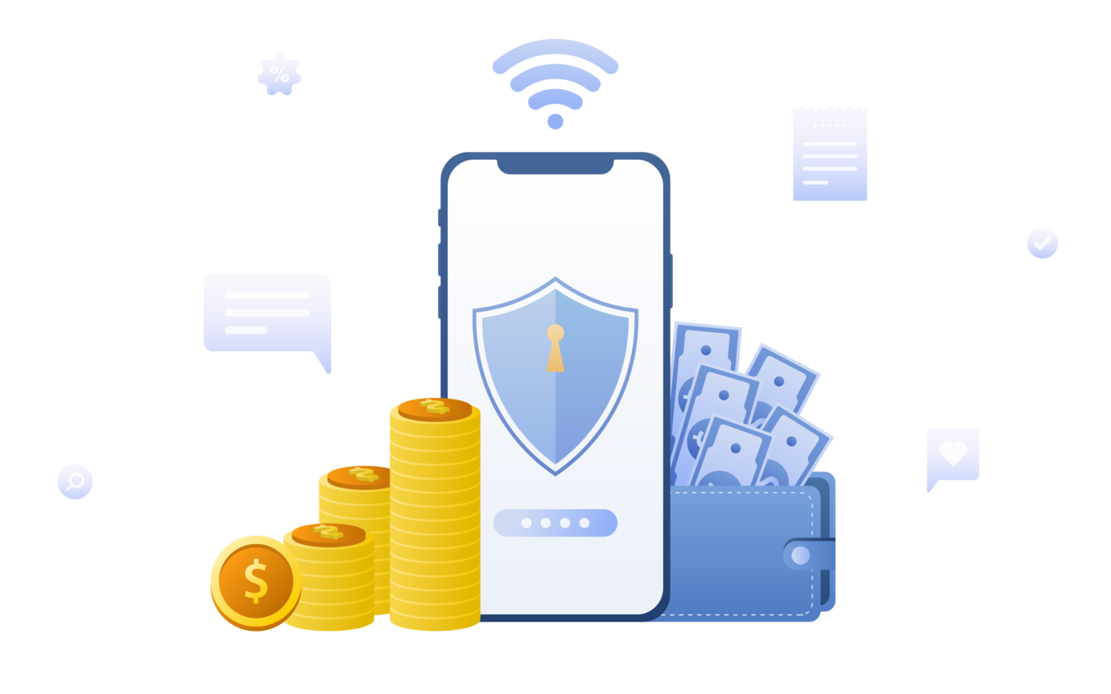 Financial and payment concept with smartphone, money, coin and credit card. png