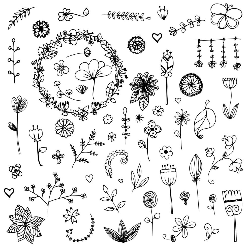 conjunto de elementos flor garabatear mano dibujado bosquejo en negro línea en blanco aislado vector