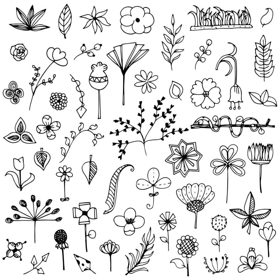 Set of elements flower doodle hand drawn sketch in black line on white isolated vector