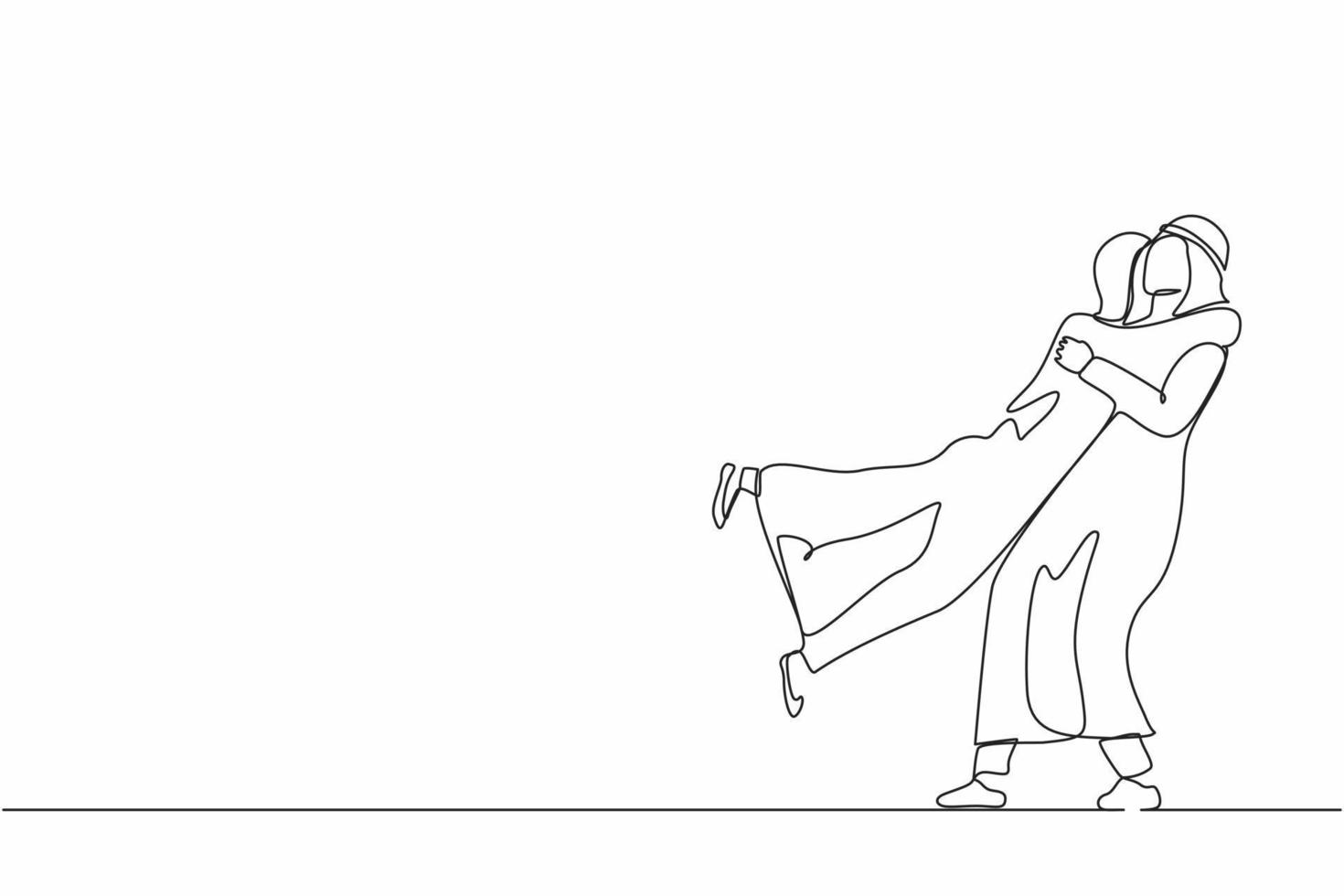 Single one line drawing happy Arabian couple hugging and encircling their lovers with arms. Cute woman jumping into man embrace. Relationship, love, dating. Continuous line draw design graphic vector