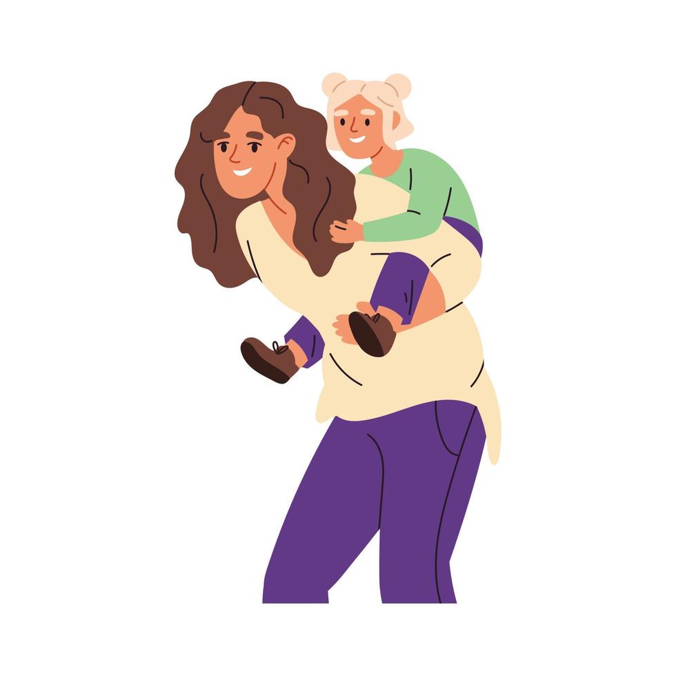 Mother and Kids. Motherhood concept. Happy child embracing mother. Love between mother and daughter. Flat vector illustrations