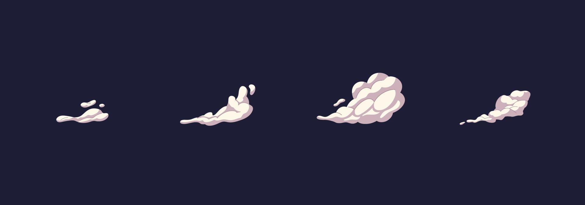 Animation frame with speed motion smoke cloud. Explosion sign. Comic clouds, steaming smoke flows. Smoke silhouette sprite animation. Flat vector illustration