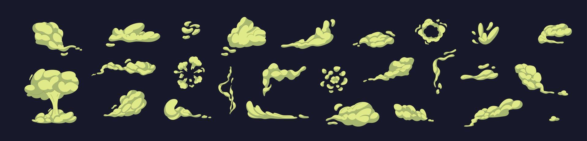 Cartoon bad smell toxic clouds. Bad smell toxic clouds. Smelling smoke. Green stink aroma and stinky smoke cartoon. Isolated vector illustration