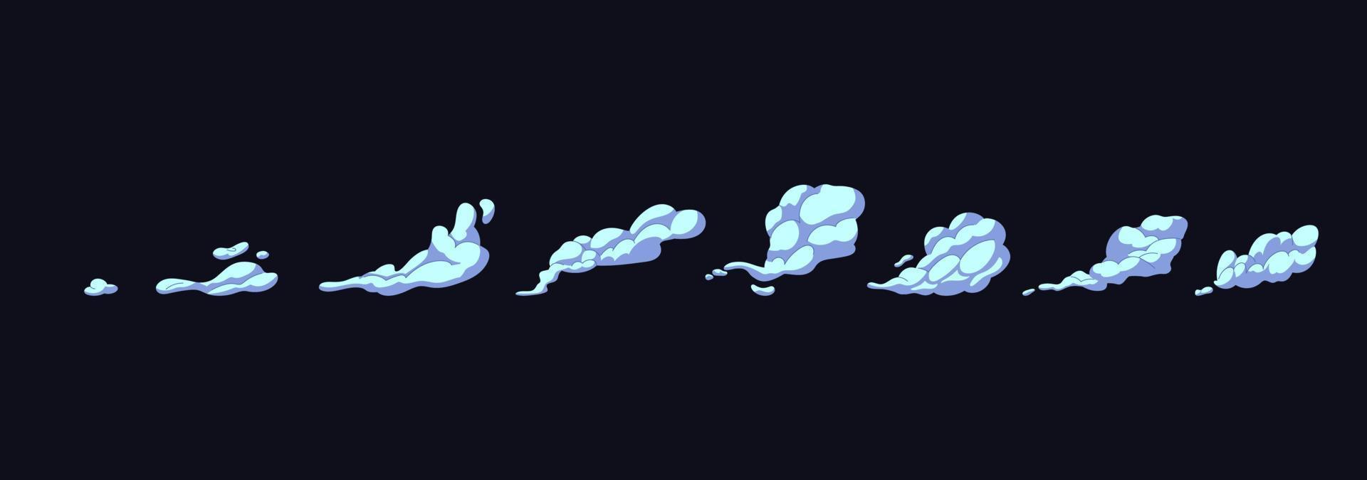 Smoke cloud animation. Cartoon motion explosions. Comic clouds, steaming smoke flows, air trail, dust, explosion, smog, bang, boom, sprite and bubble. Isolated vector illustration
