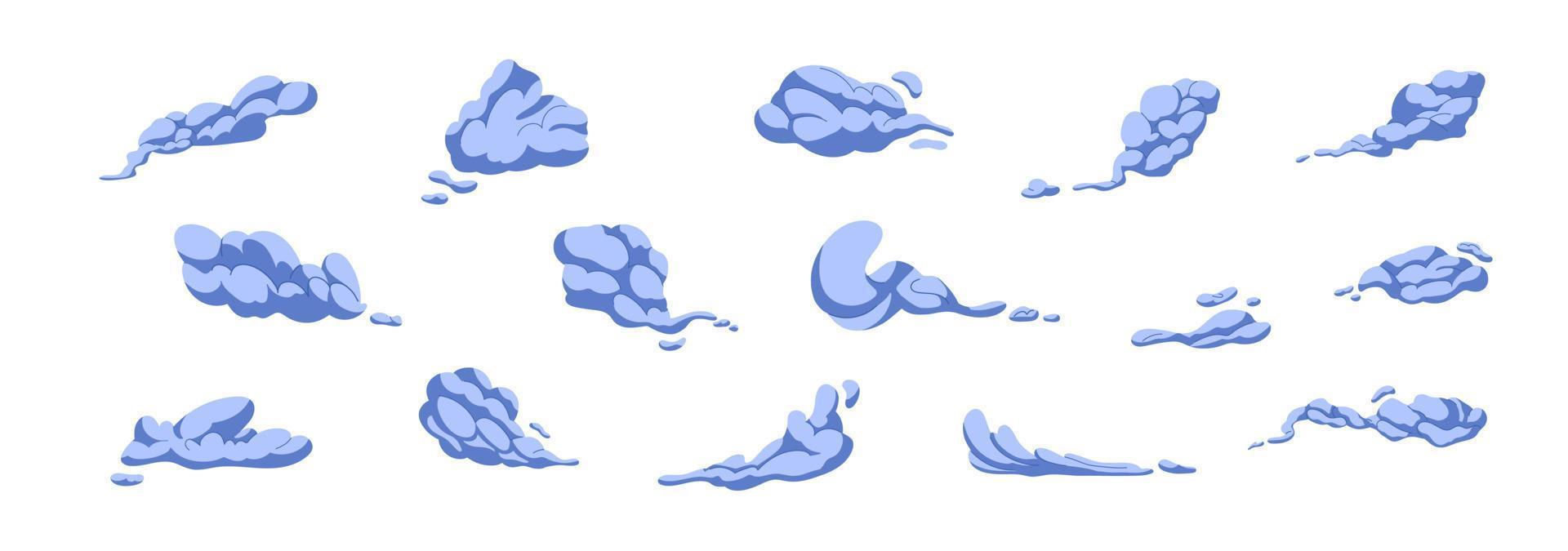 vapor nube bocanadas de diferente formas y tamaños aislado resumen vapor silueta fluir, ahumado elementos de gas explosiones, polvo o vapor. cómic nubes, humeante fumar fluye, vapor explosión nube. vector