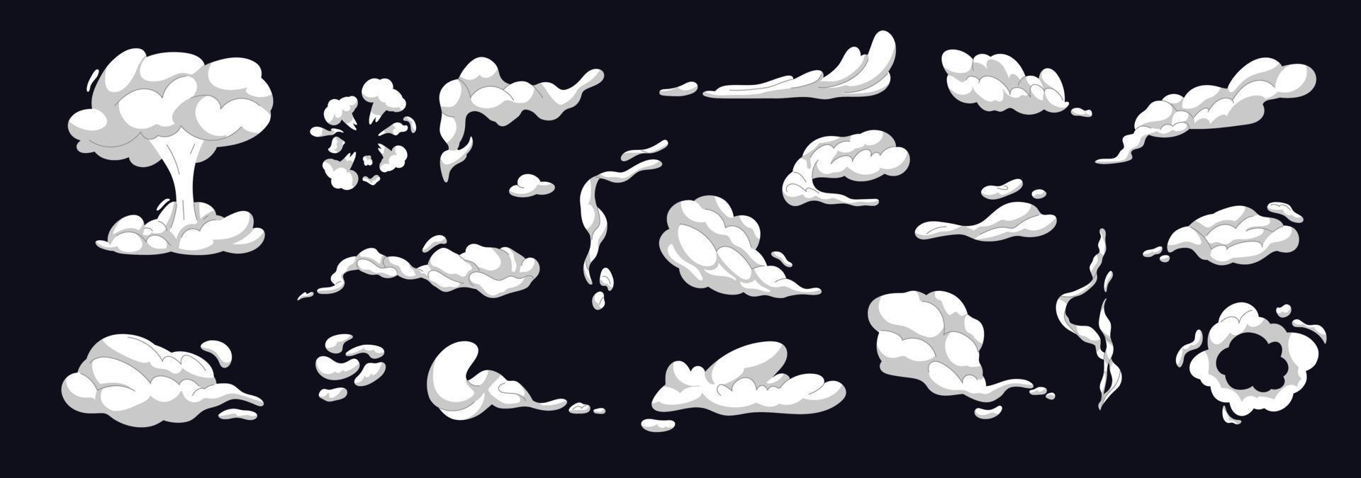 Smoke and dust cloud set. Cartoon smoke clouds. Exploding effect frames set. Collection of isolated icons of air trail, dust, explosion. Smoke explosion sprite elements isolated on black background vector