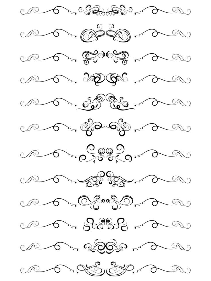 set of swirl border calligraphy and dividers decorative vector in vintage style on white background, collection retro element in black line doodle hand drawn illustration design
