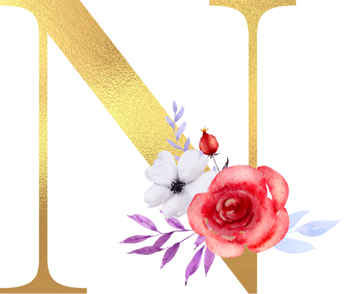 fiori ad acquerello con alfabeto d'oro png