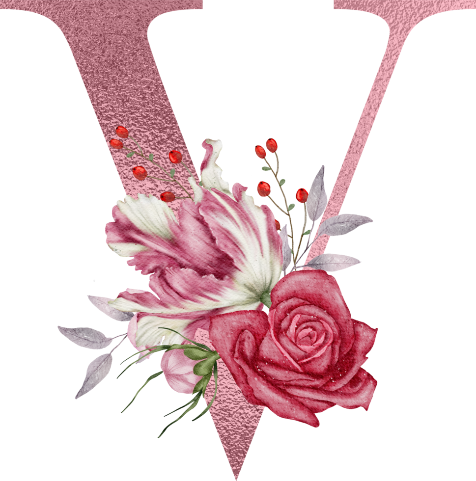 Watercolor Flowers with Rose Gold Alphabet png