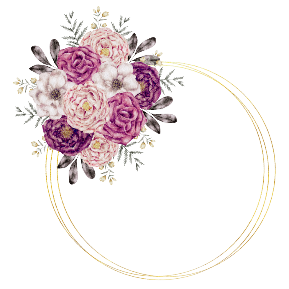 corona de flores acuarela con marco dorado png