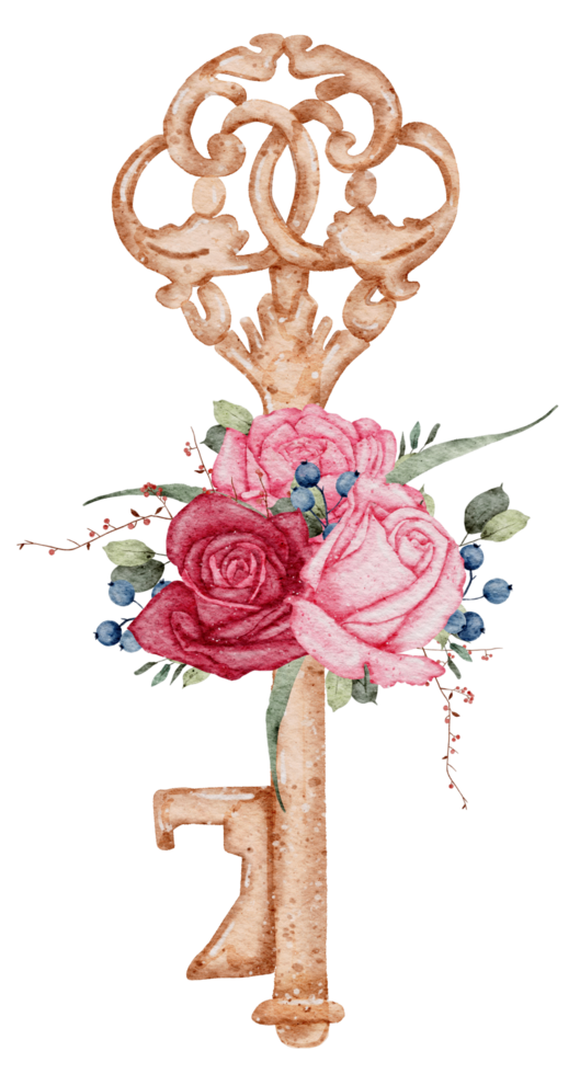 Key and flower vintage watercolor, Valentine watercolor png