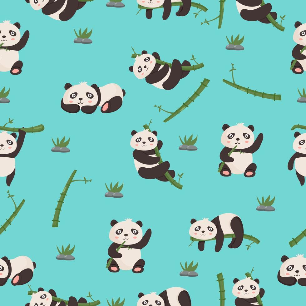 Cute cartoon panda bear seamless pattern animals background with bamboo vector