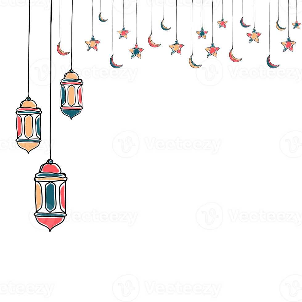 decorativo modelo Projeto para Ramadã com estrelas, lua, e lanterna. mão desenhado Ramadã kareem com lanterna. transparente fundo. png ilustração