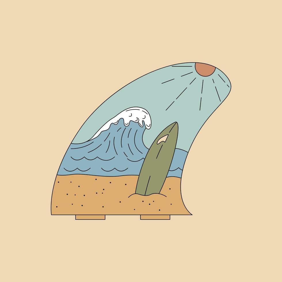 paisaje con tabla de surf, mar y sol en forma de aleta de tabla de surf. insignia, ilustración vectorial plana. vector