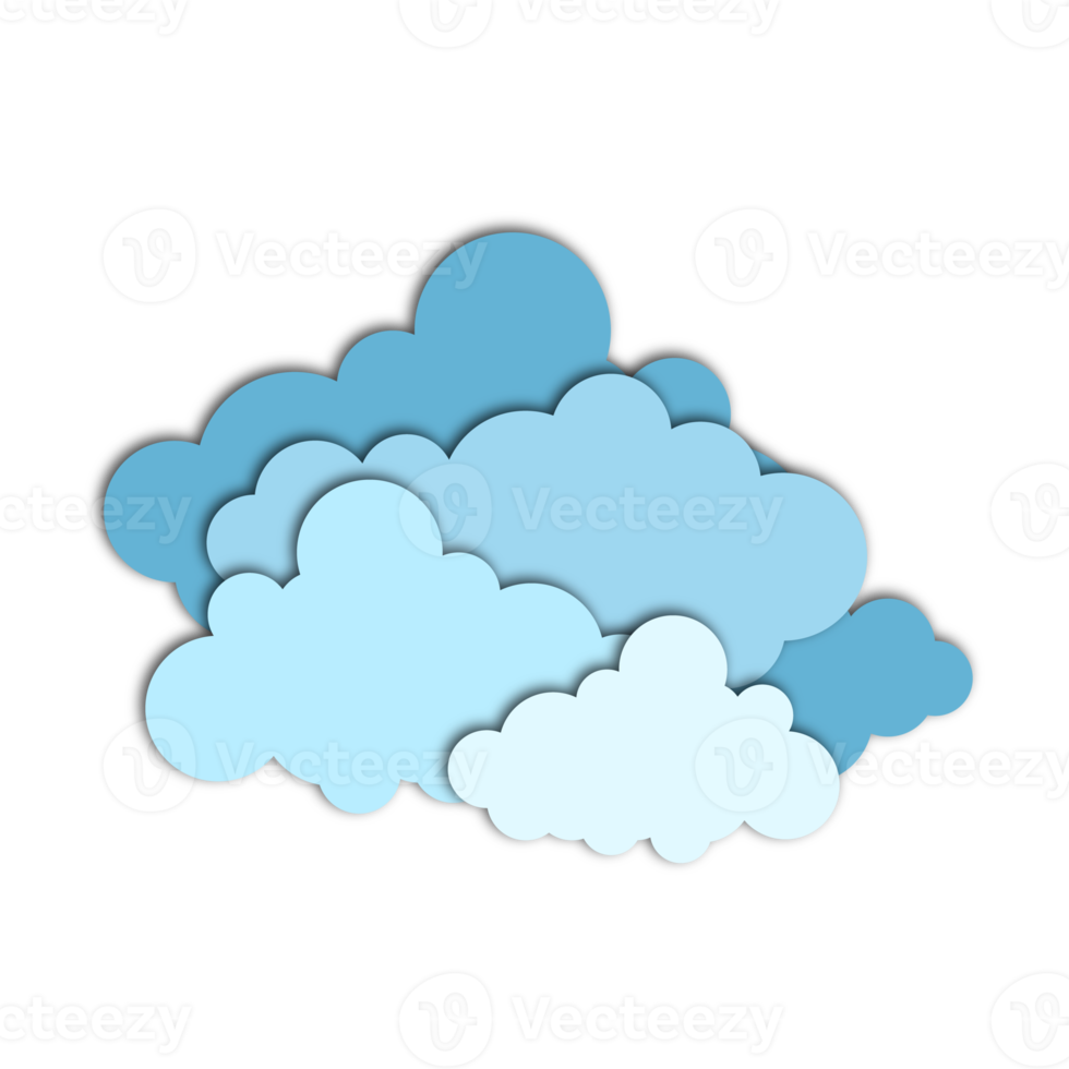 Blue paper cut out cloud icons, signs,weather symbols. Paper cut lot of clouds. Sunny day clouds. Creative paper craft art style. Transparent background. Png illustration