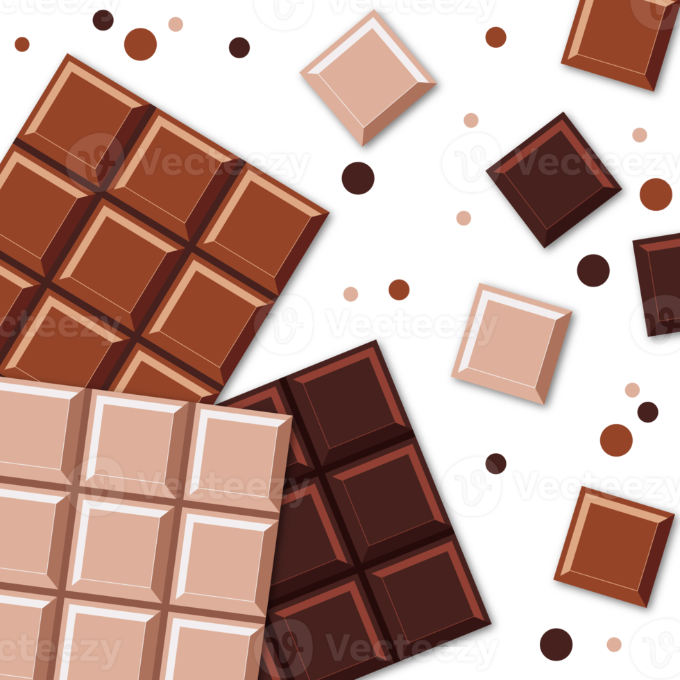 Chocolate bars. Realistic Chocolate Bar with Pieces. Milk, dark and white chocolate bars. Transparent background. Illustration png