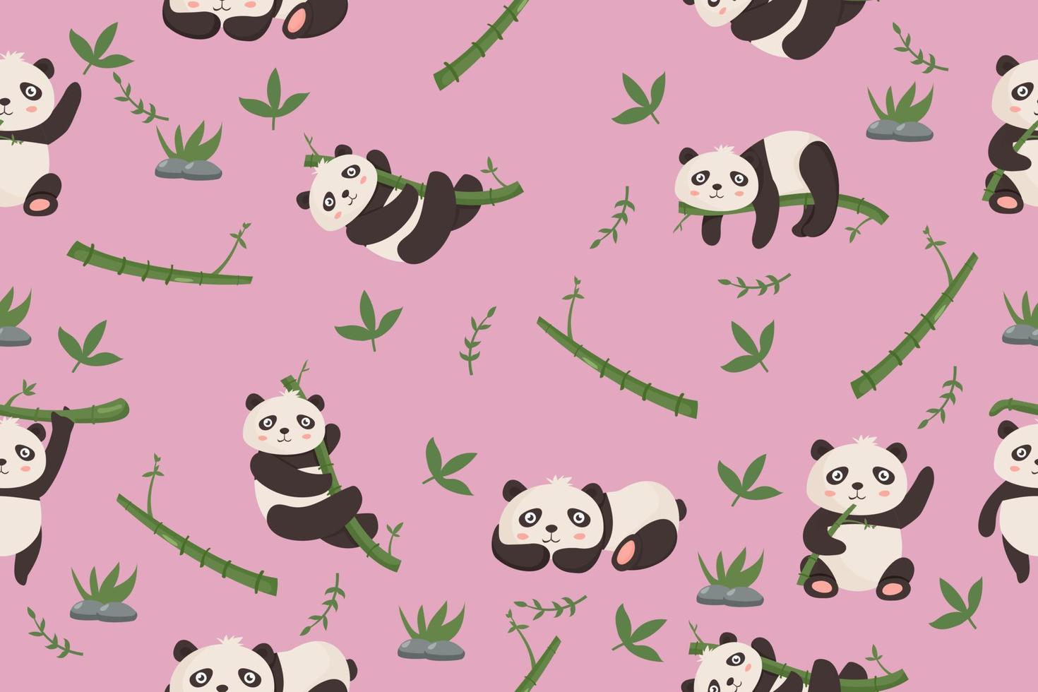 lindo, caricatura, oso panda, seamless, patrón, animales, plano de fondo, con, bambú vector
