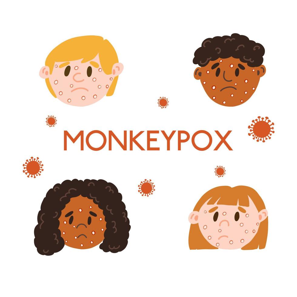 Set of different nationalities people with a rash as symptom of Monkeypox virus. Concept with male and female faces and virus cells. Man and woman with skin disease caused by a virus vector