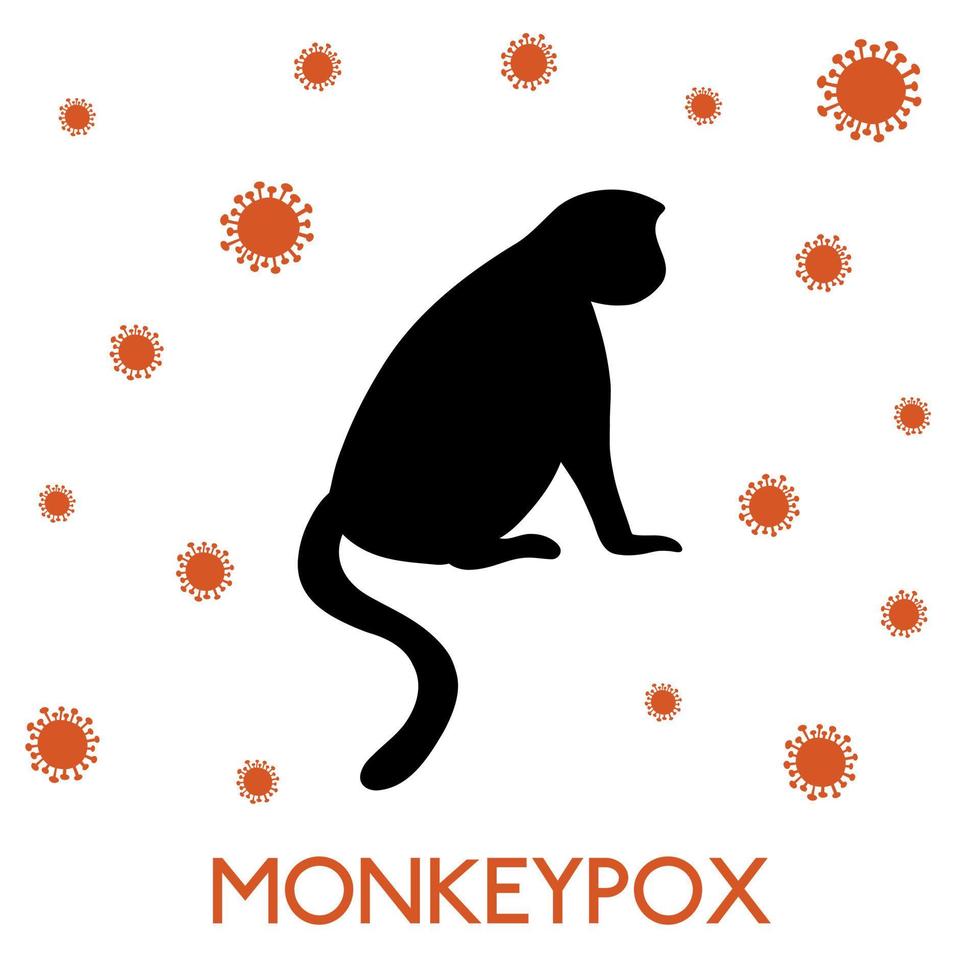 Vector illustration of monkey black silhouette and virus cells in flat style isolated on white background. Monkeypox virus disease concept.