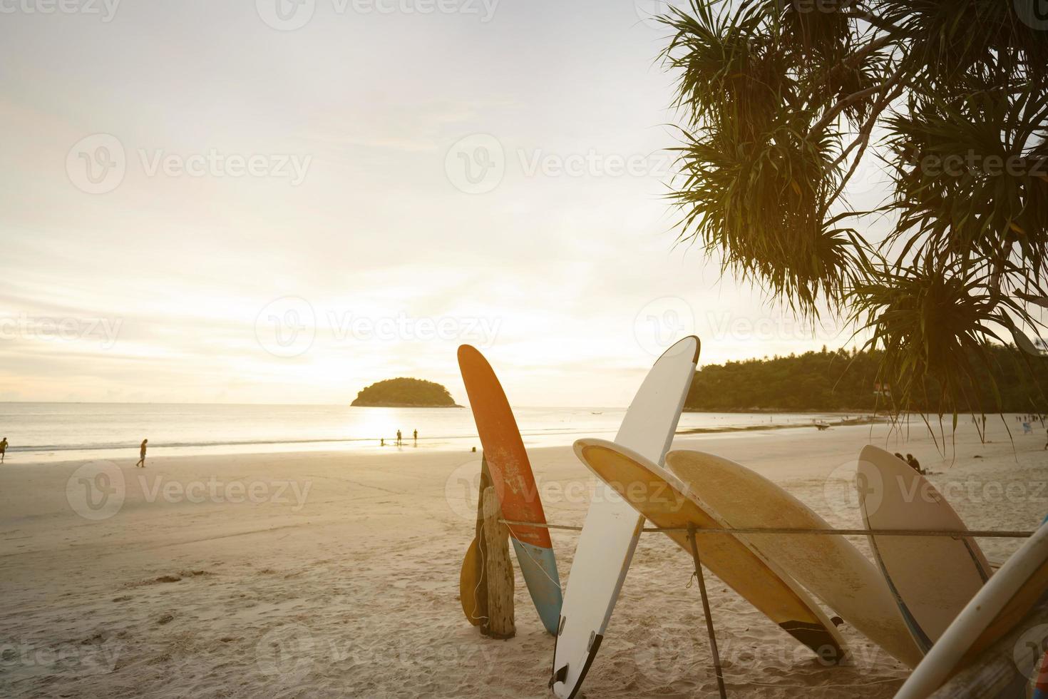 Surfboards setting sea island travel trips weekend summer sunset. photo