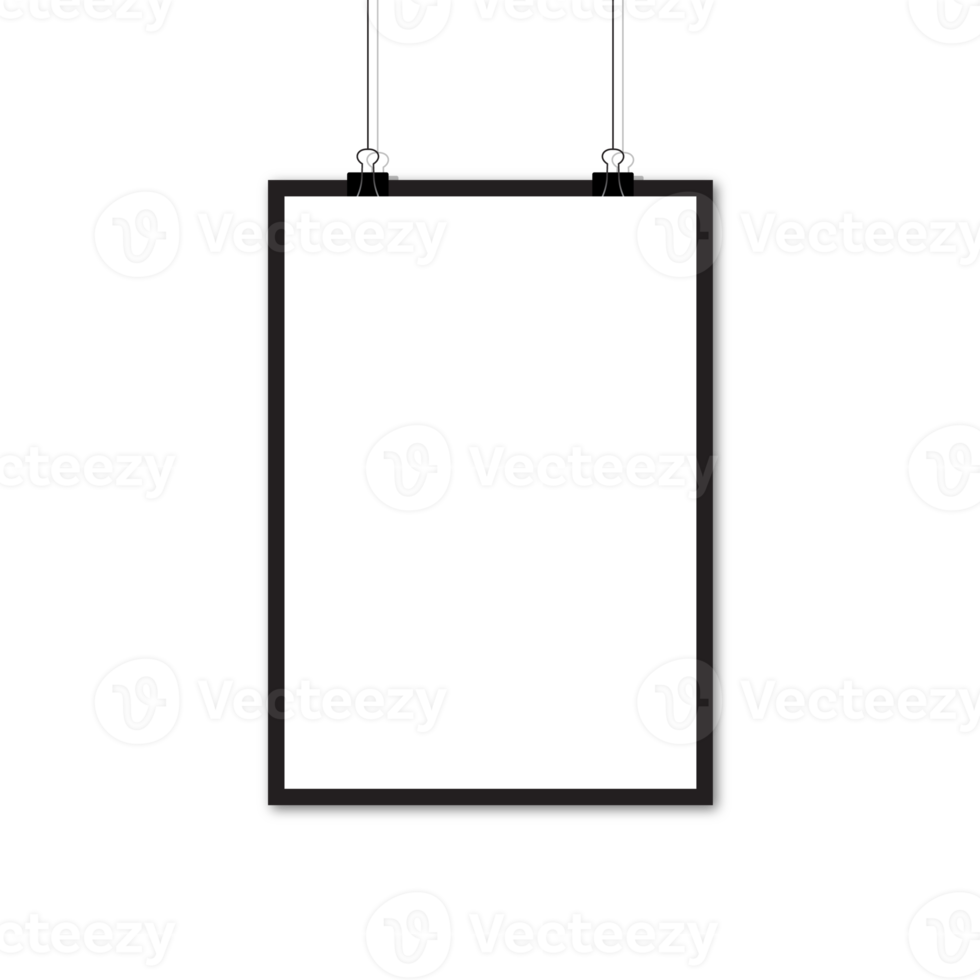 Realistic blank white paper hanging on clip. Mockup template. Vertical empty sheet with shadow. Transparent background. Illustration png