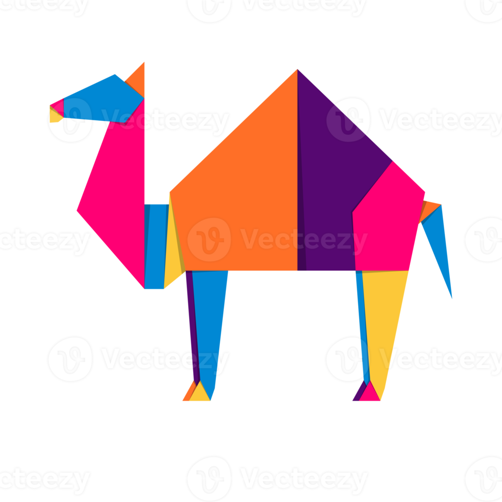 Camel origami. Abstract colorful vibrant camel logo design. Animal origami. Transparent background. Illustration png