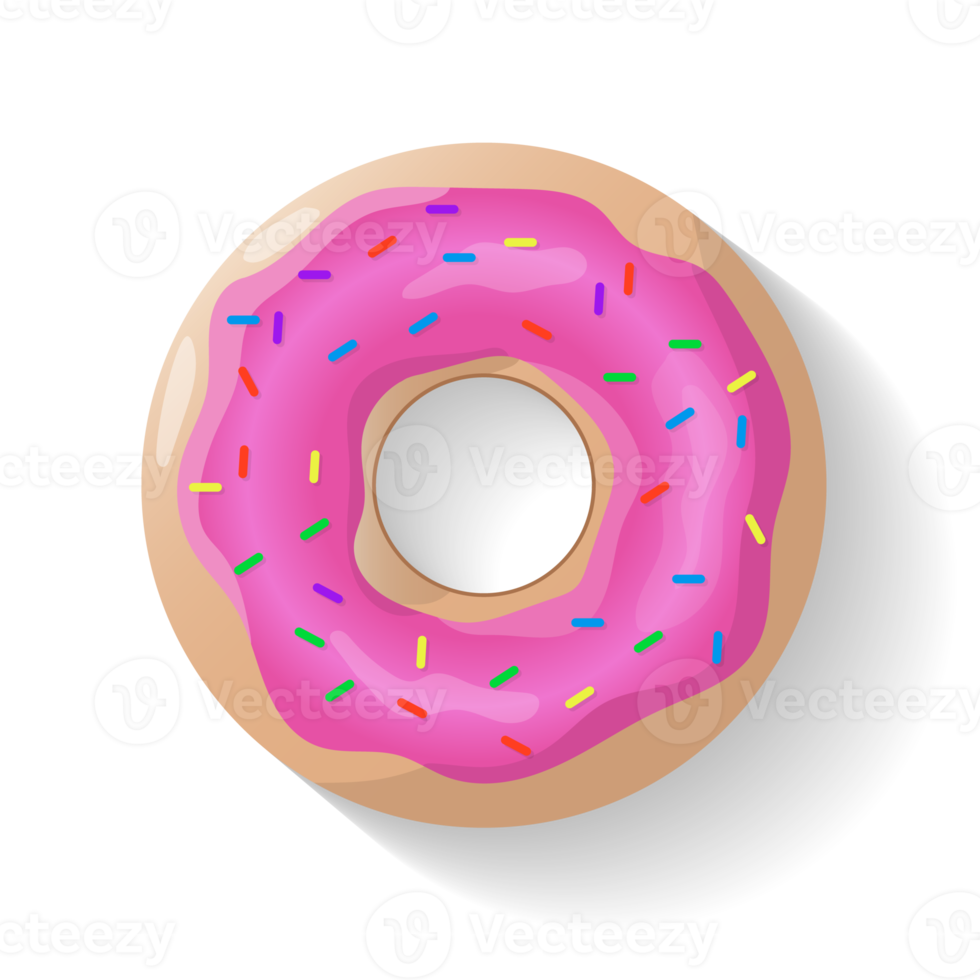 Donut isolated background. Cute pink donut. Colorful and glossy donut with pink glaze and multicolored powder. Transparent background. Illustration png