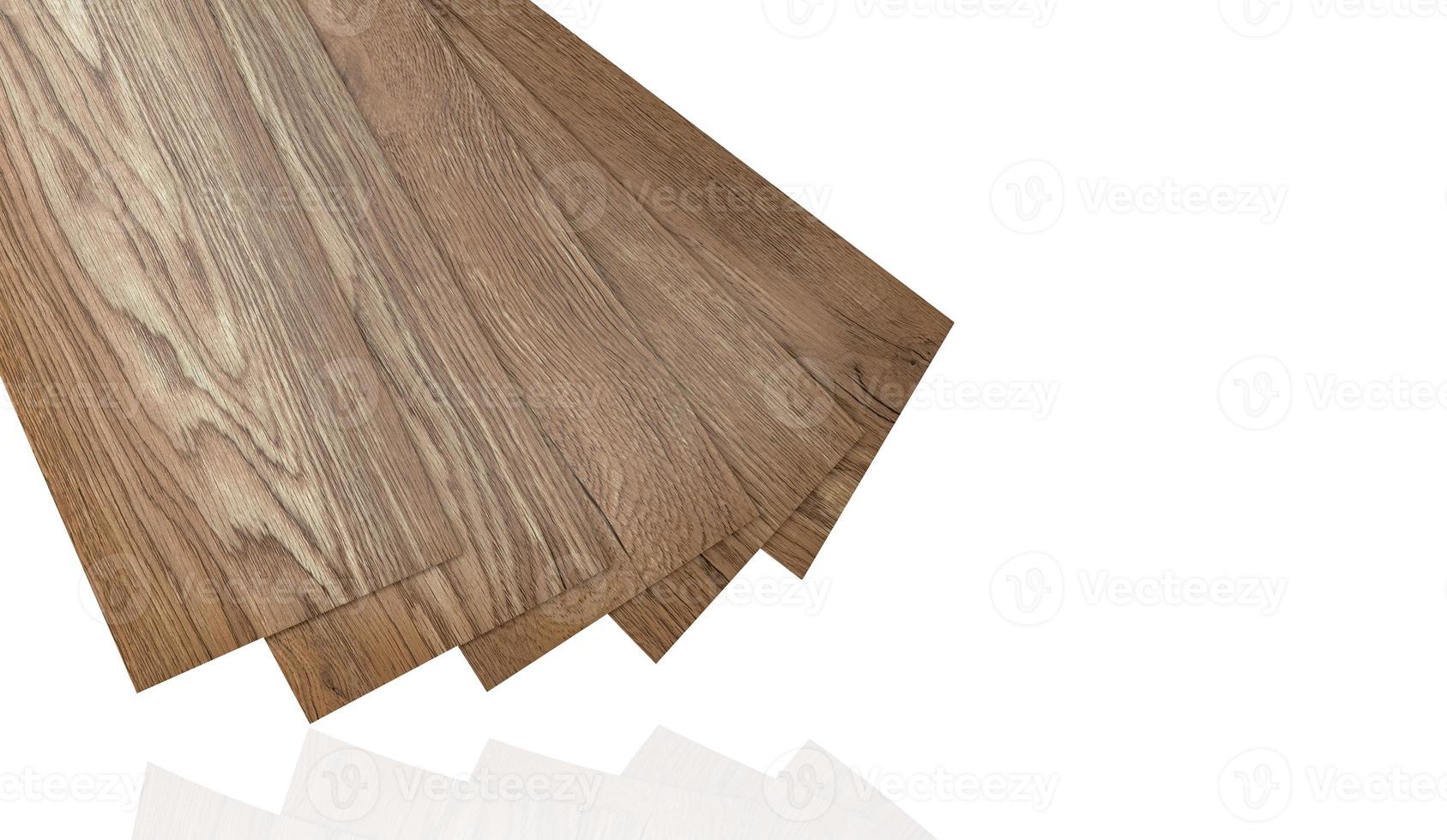 Vinyl tiles sample for interior designer. Wood pattern vinyl tile. Vinyl flooring material isolated on white background. Polymer vinyl sheet set for new home floor. PVC material. Plastic tile set. photo