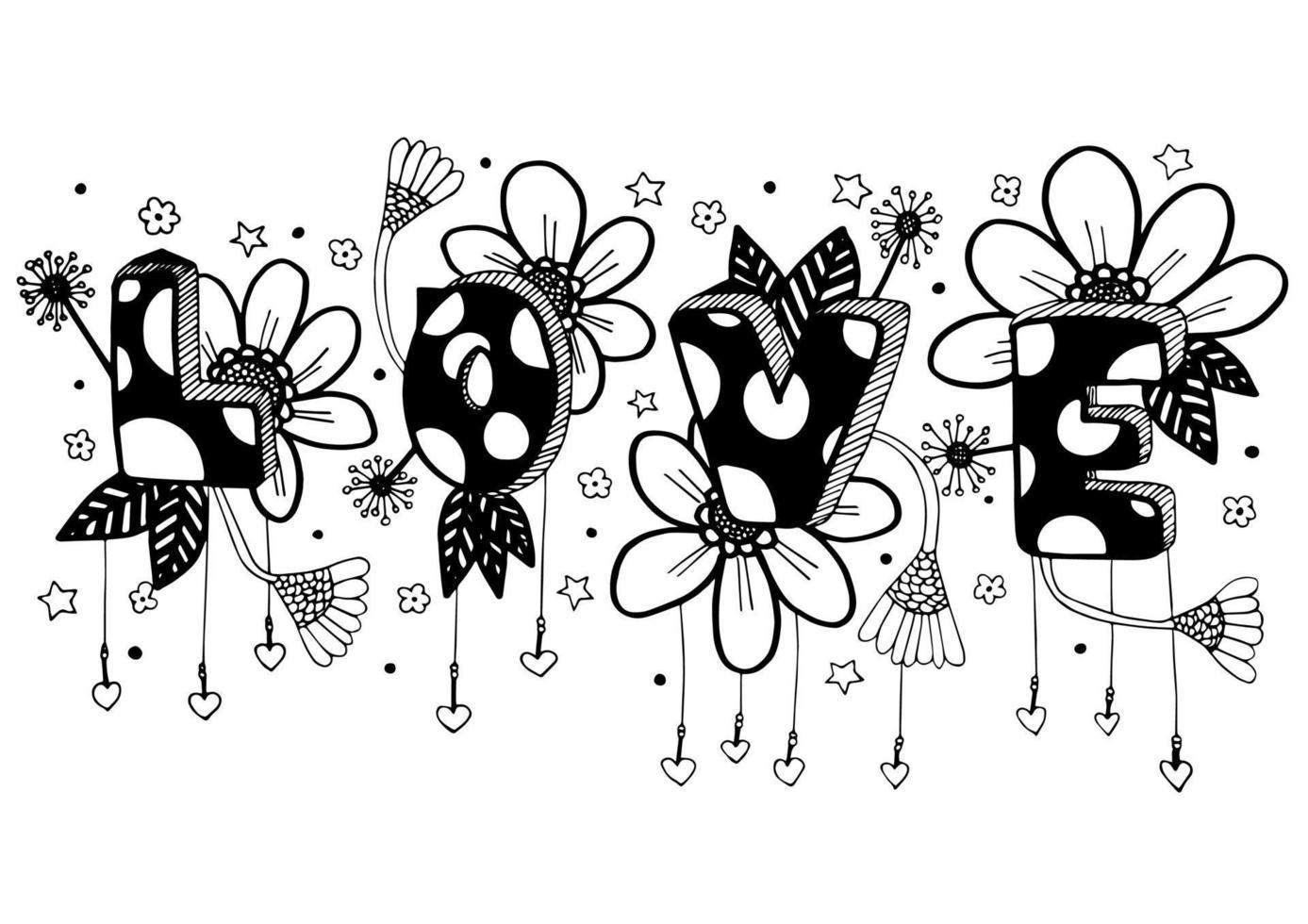 Vector hand drawn doodles of cute love word with flower for valentine's day