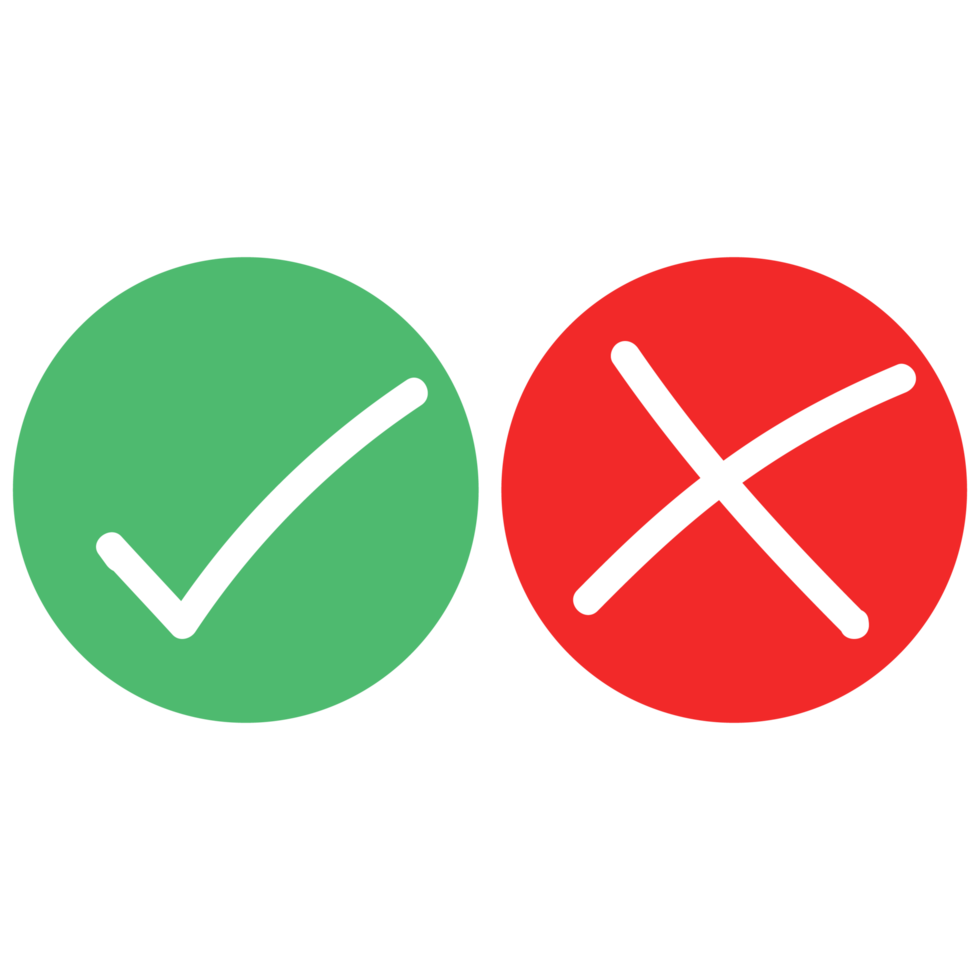 Thin line check mark icons. Green tick and red cross checkmarks flat png