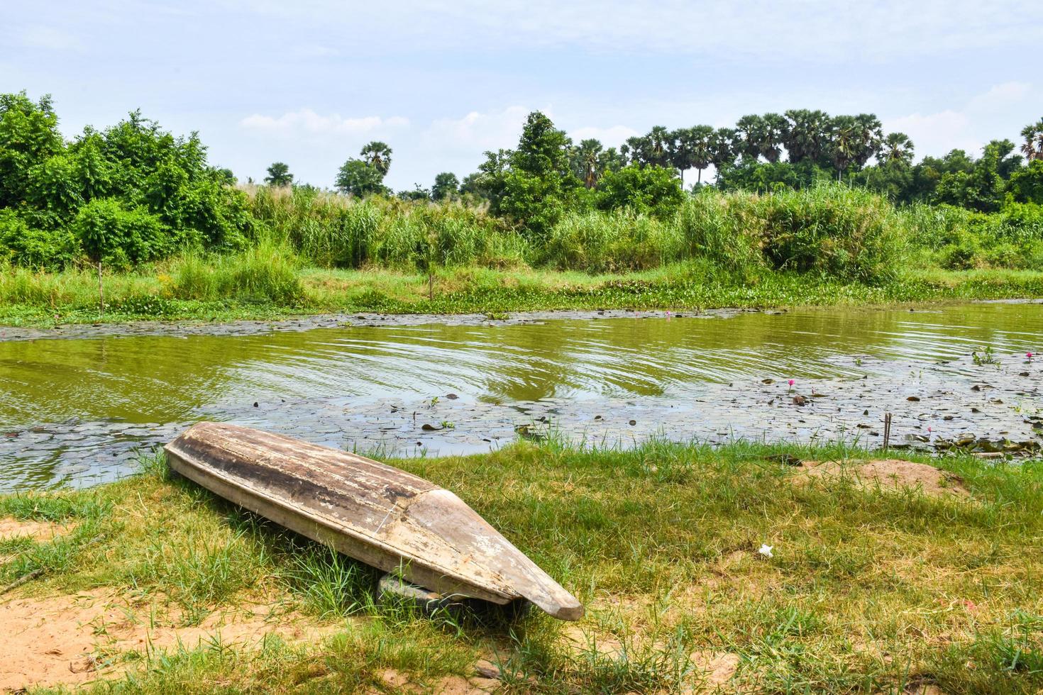 old wooden boat stranded on the shore of the lake photo