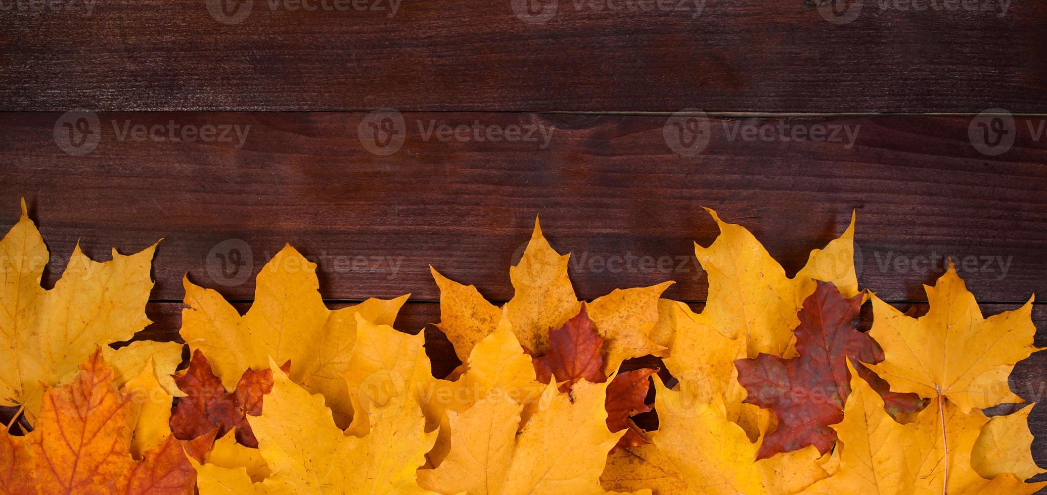 Frame from yellow autumn leaves on a brown wooden background. Fallen foliage. Backdrop for design. photo