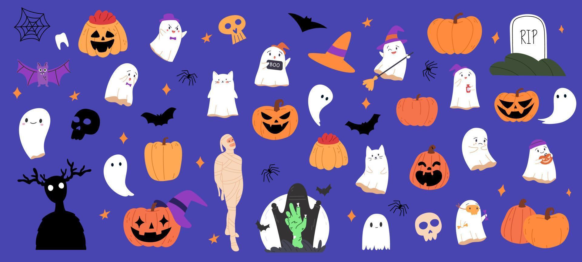 Collection of Halloween spooky characters and stuff. Helloween bundle with pumpkin, hat, ghosts for October party. Childish Halloween set. Flat vector illustration