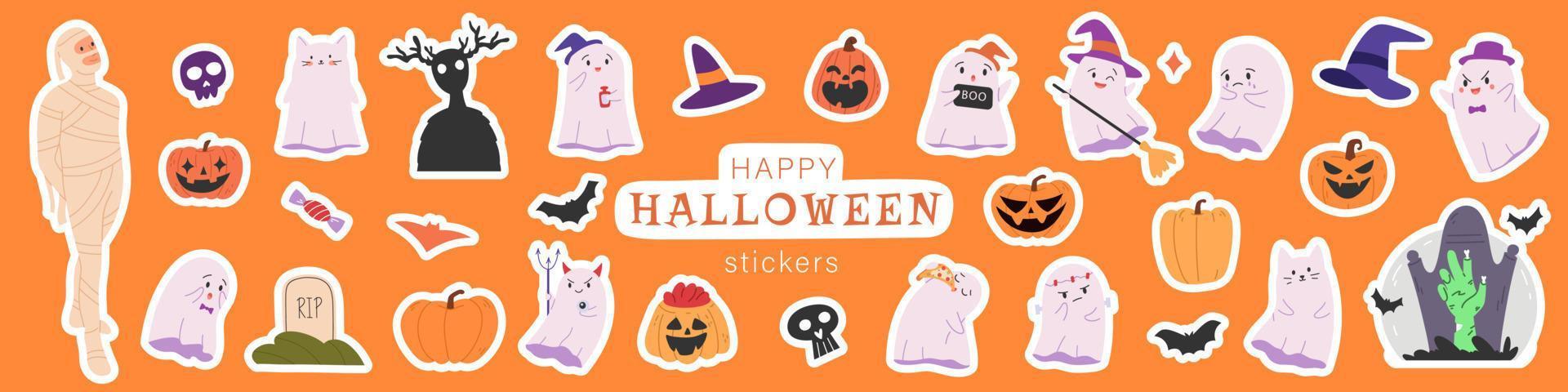 Set of Halloween stickers. Pumpkins, ghosts, mummy and bats. Isolated sticker pack with Halloween elements. Cool patches, pins in cartoon style. Flat vector stickers