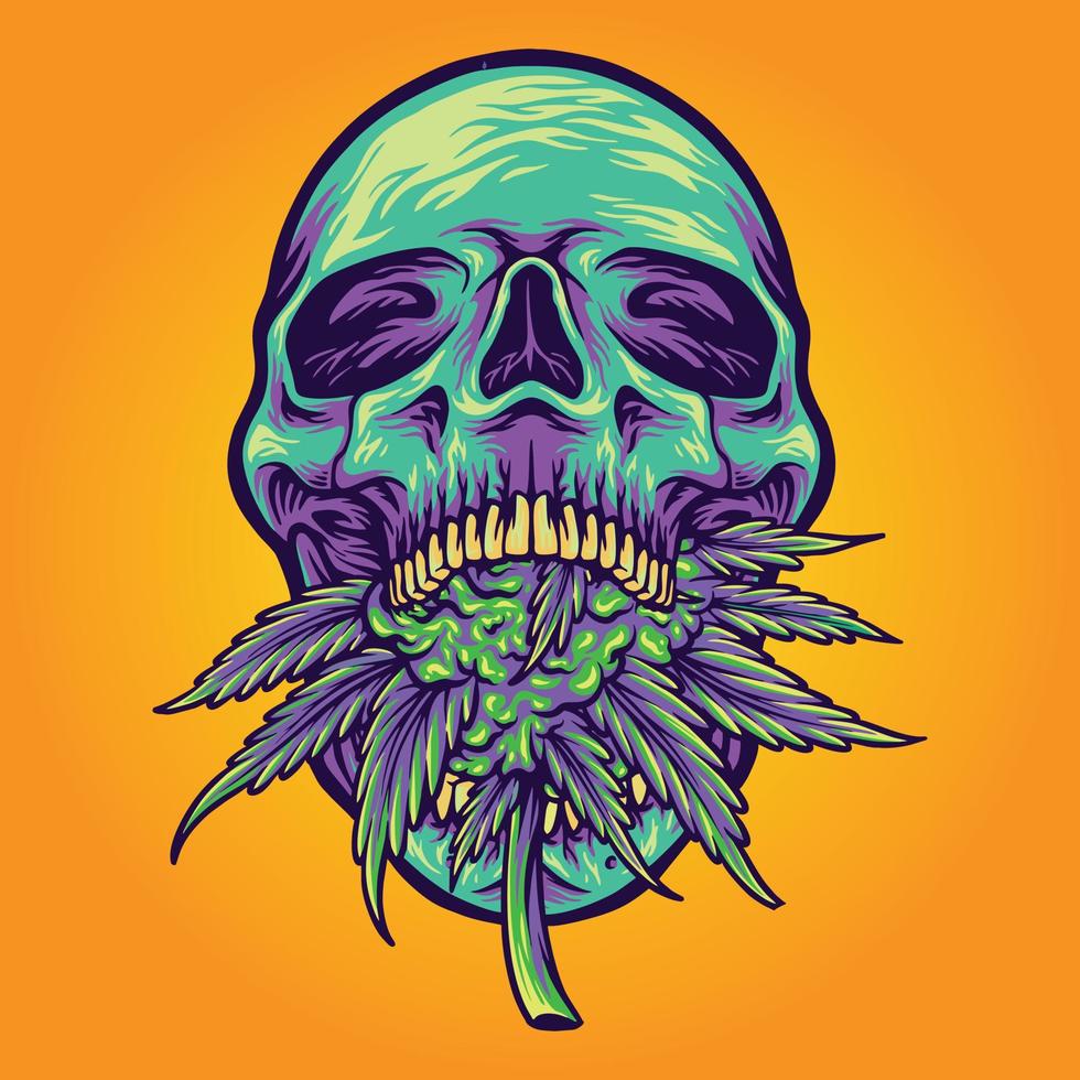 Green head skull with kush Vector illustrations for your work Logo, mascot merchandise t-shirt, stickers and Label designs, poster, greeting cards advertising business company or brands.