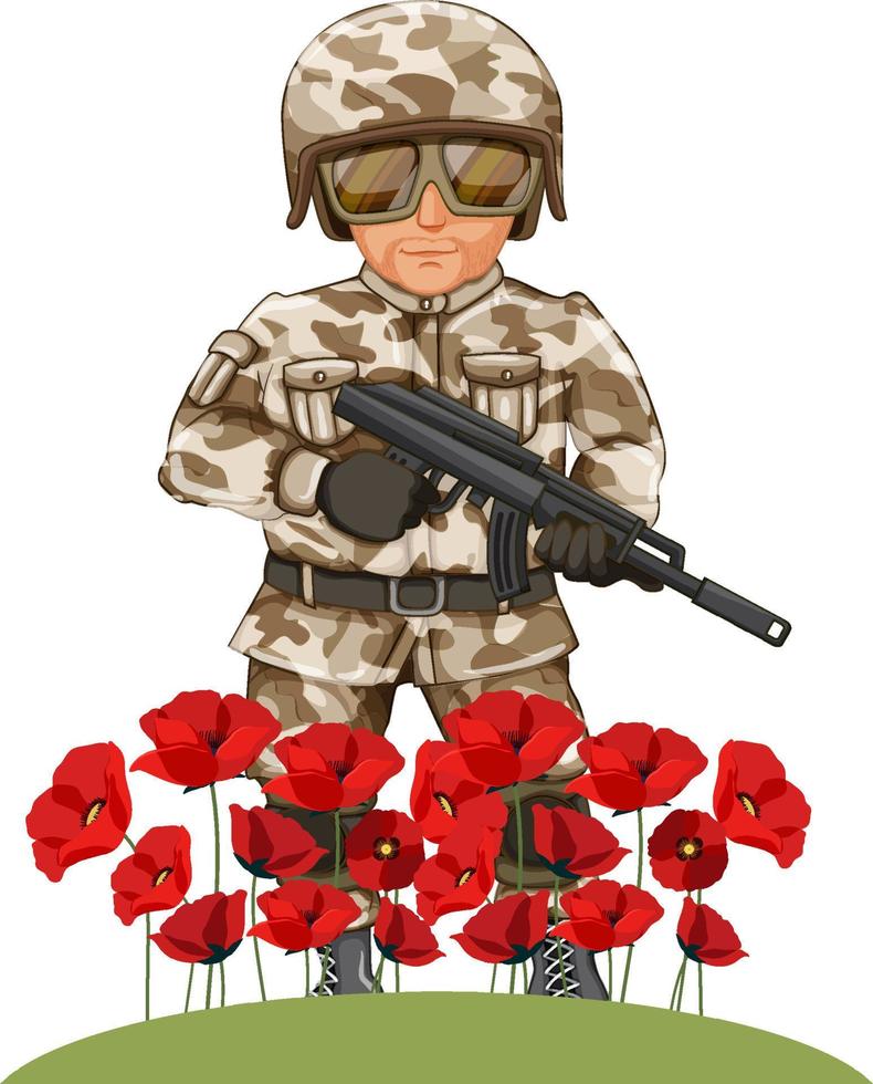 personaje de dibujos animados militar con flor de amapola vector