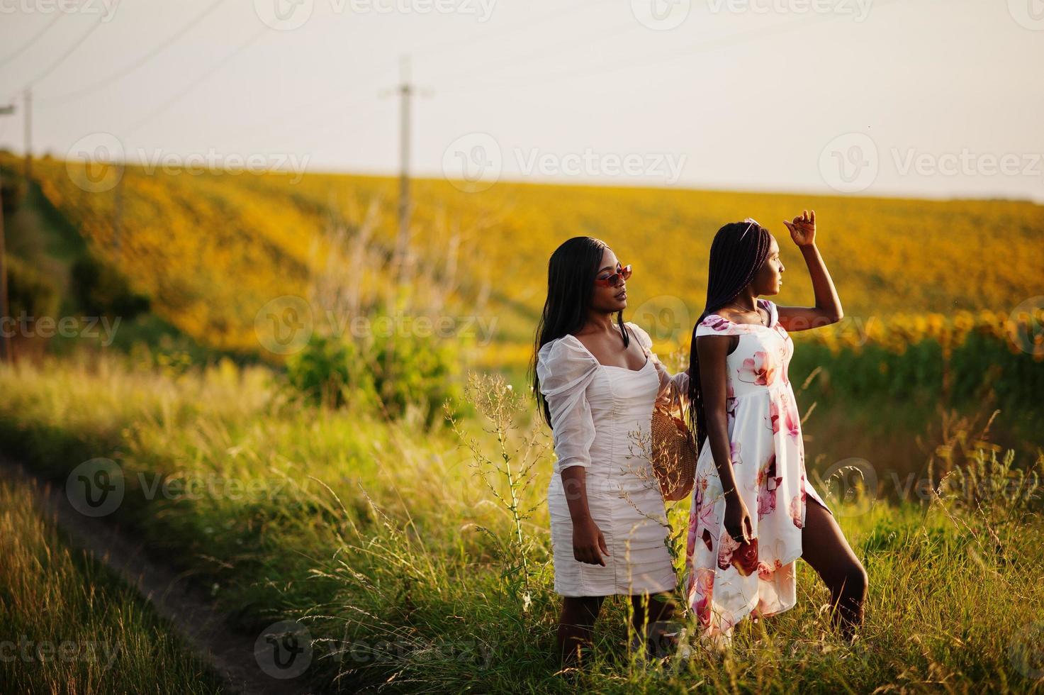 dos jóvenes amigas negras usan pose de vestido de verano en un campo de girasoles. foto