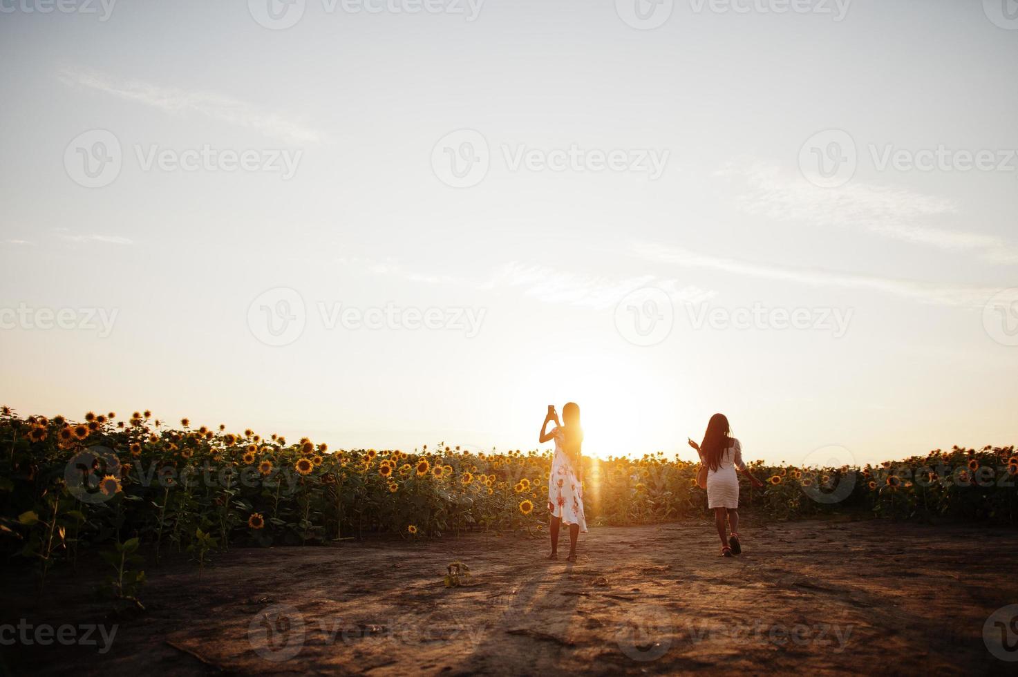 dos jóvenes amigas negras usan pose de vestido de verano en un campo de girasoles. foto