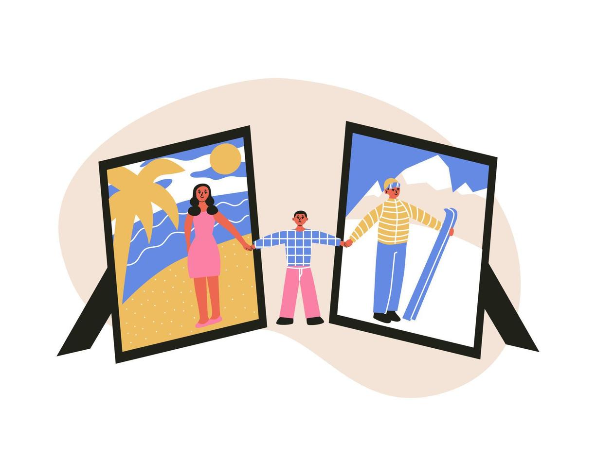 Children involving in parents divorce. Loss of good relationship and love, family breaking concept. Woman and man on holiday photos, his son torn between parents.Flat vector illustration.